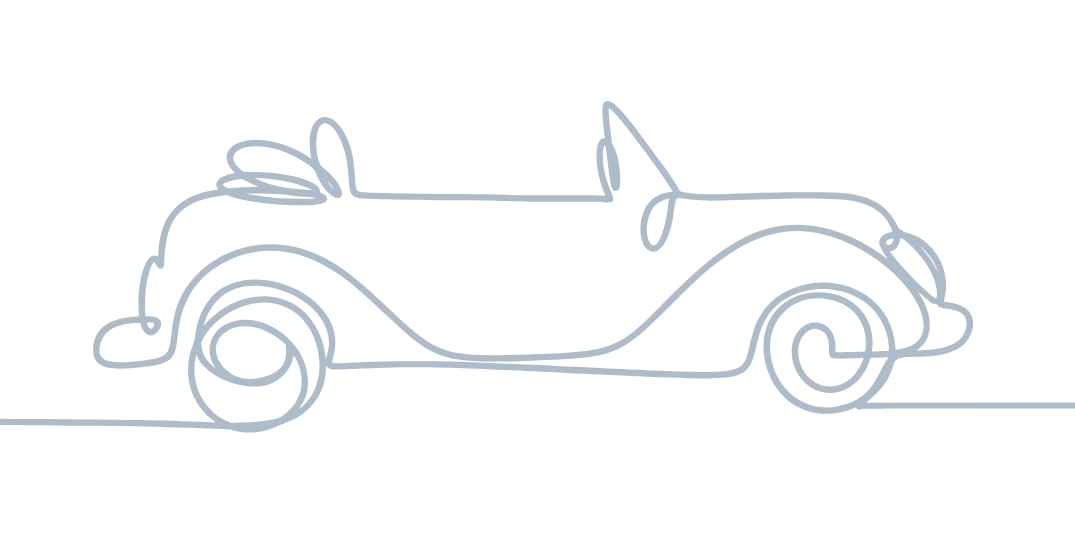 Outline drawing of a vintage convertible car on a black background.