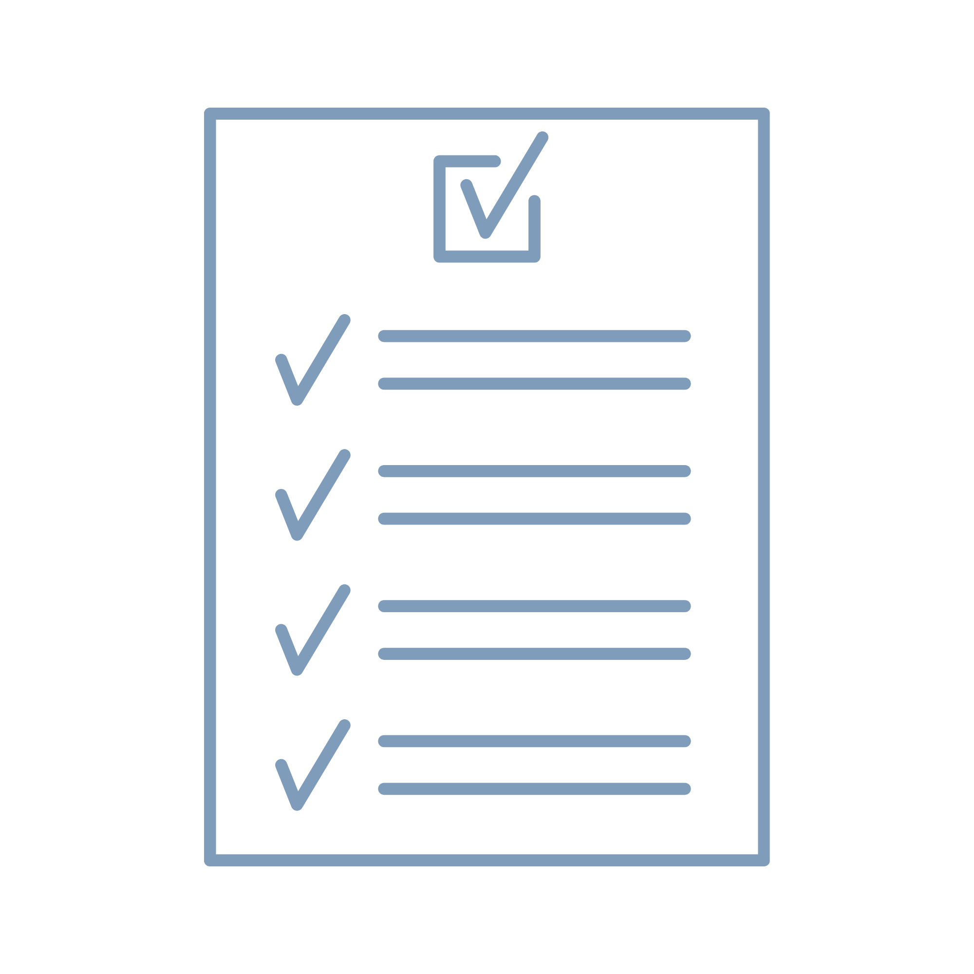 A digital illustration of a checklist with several checked boxes and a checkmark in a box at the top, depicted in shades of blue on a black background.