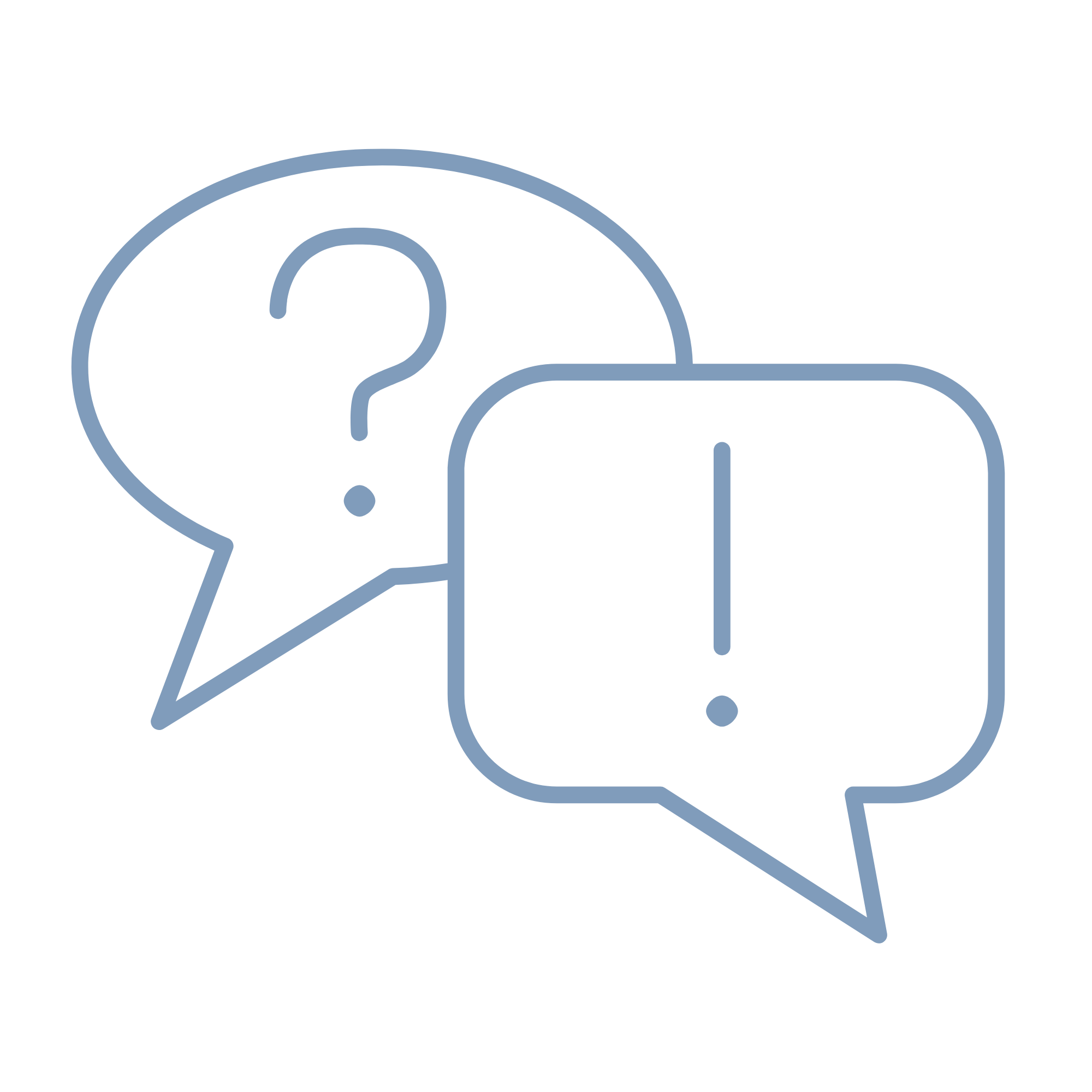 Outline of overlapping speech bubbles with question mark and exclamation point inside