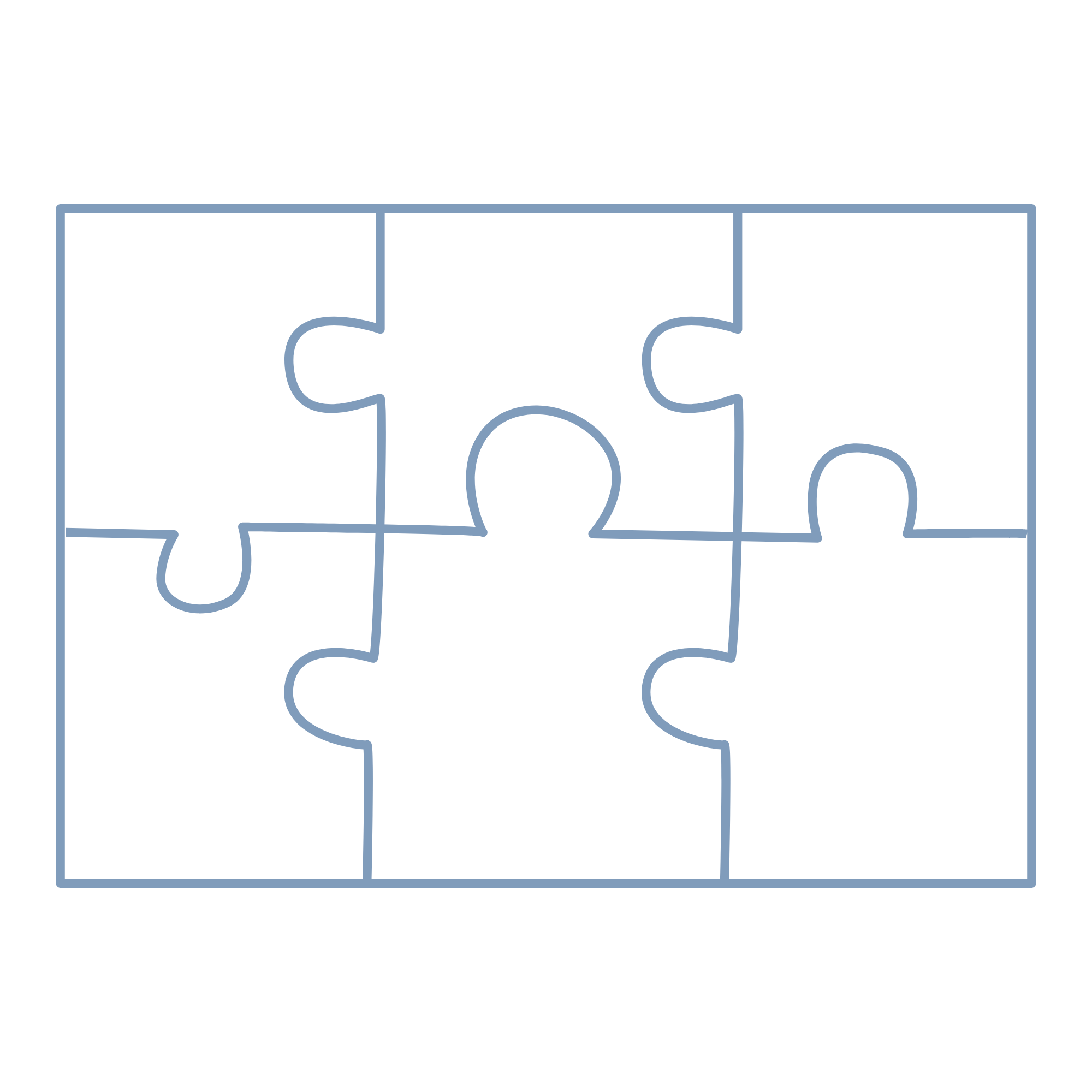 A puzzle with five pieces, four of which are assembled and one missing, outlined in light blue on a black background.