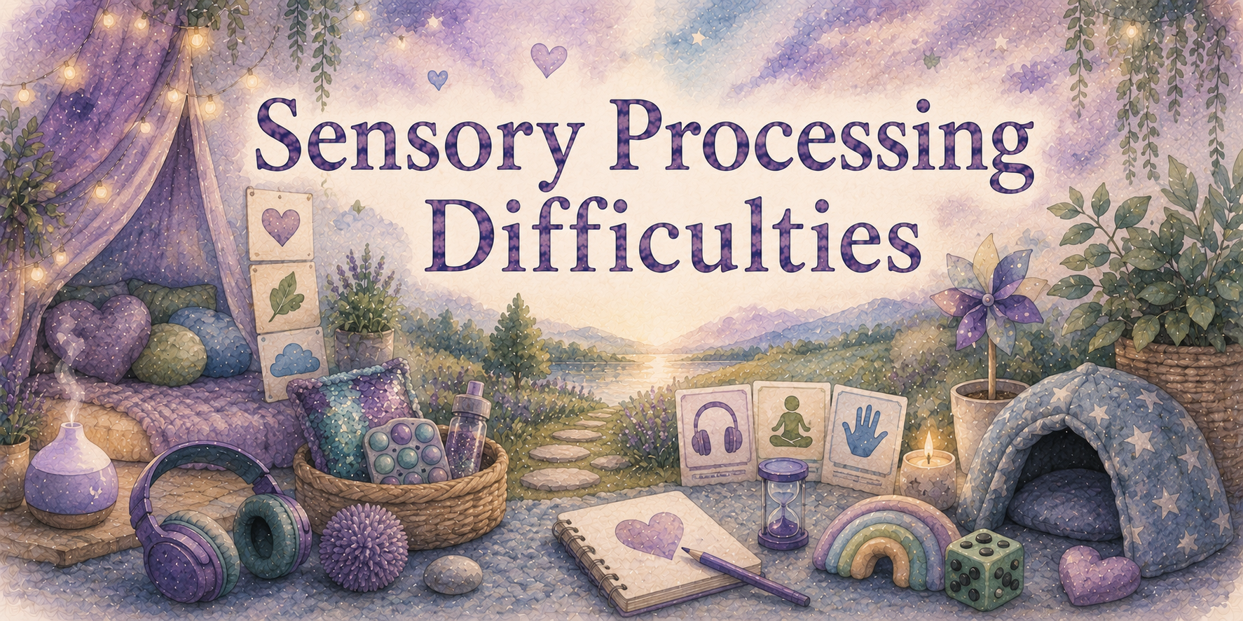 A calming artistic scene with a large banner that reads "Sensory Processing Difficulties," surrounded by cozy, pastel-colored decor including pillows, fairy lights, plants, toys, and sensory tools like a notepad with a heart drawing and a pen, set in a nature background with mountains and a lake.