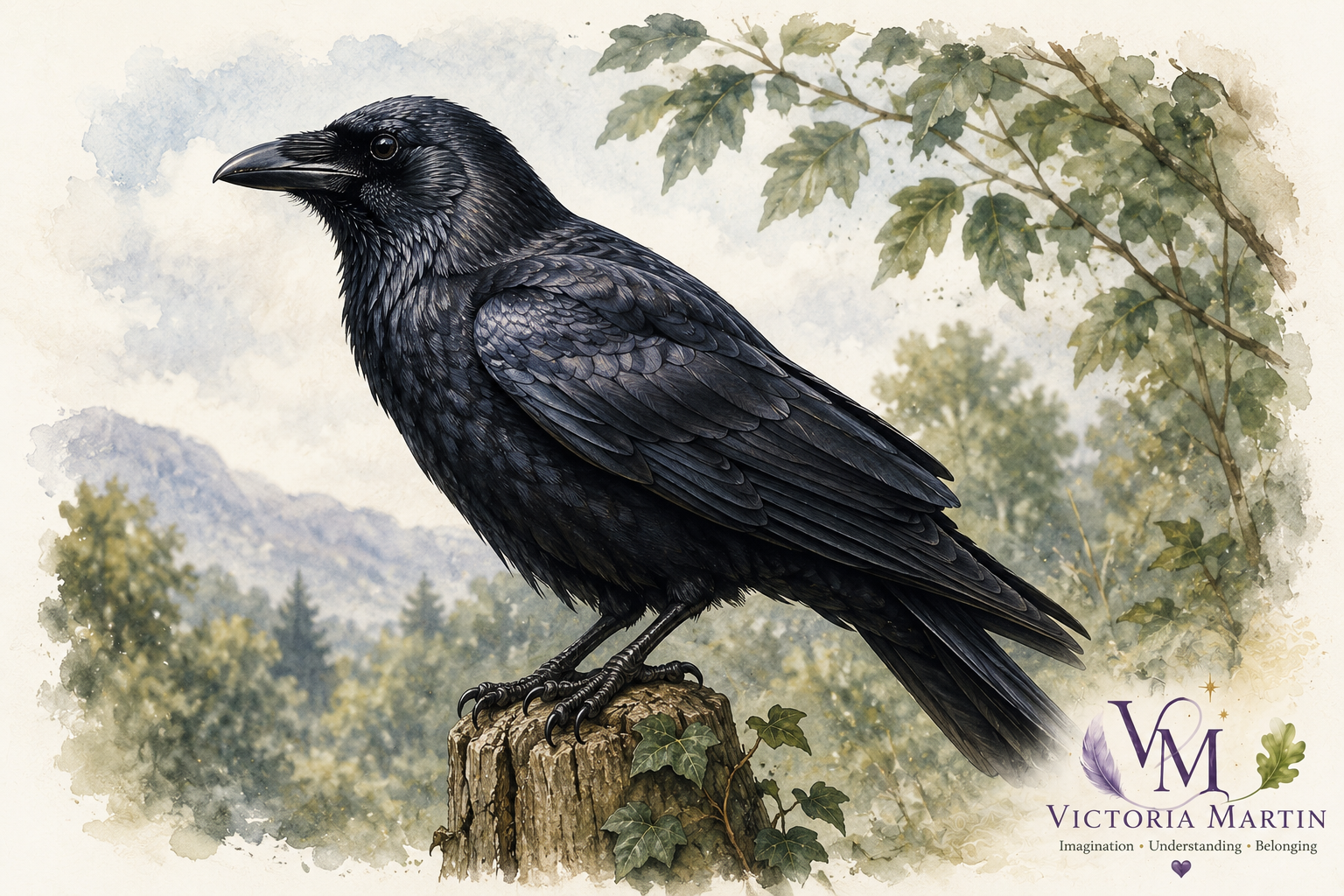 A detailed illustration of a black raven perched on a tree stump, with green leaves and a mountain landscape in the background.