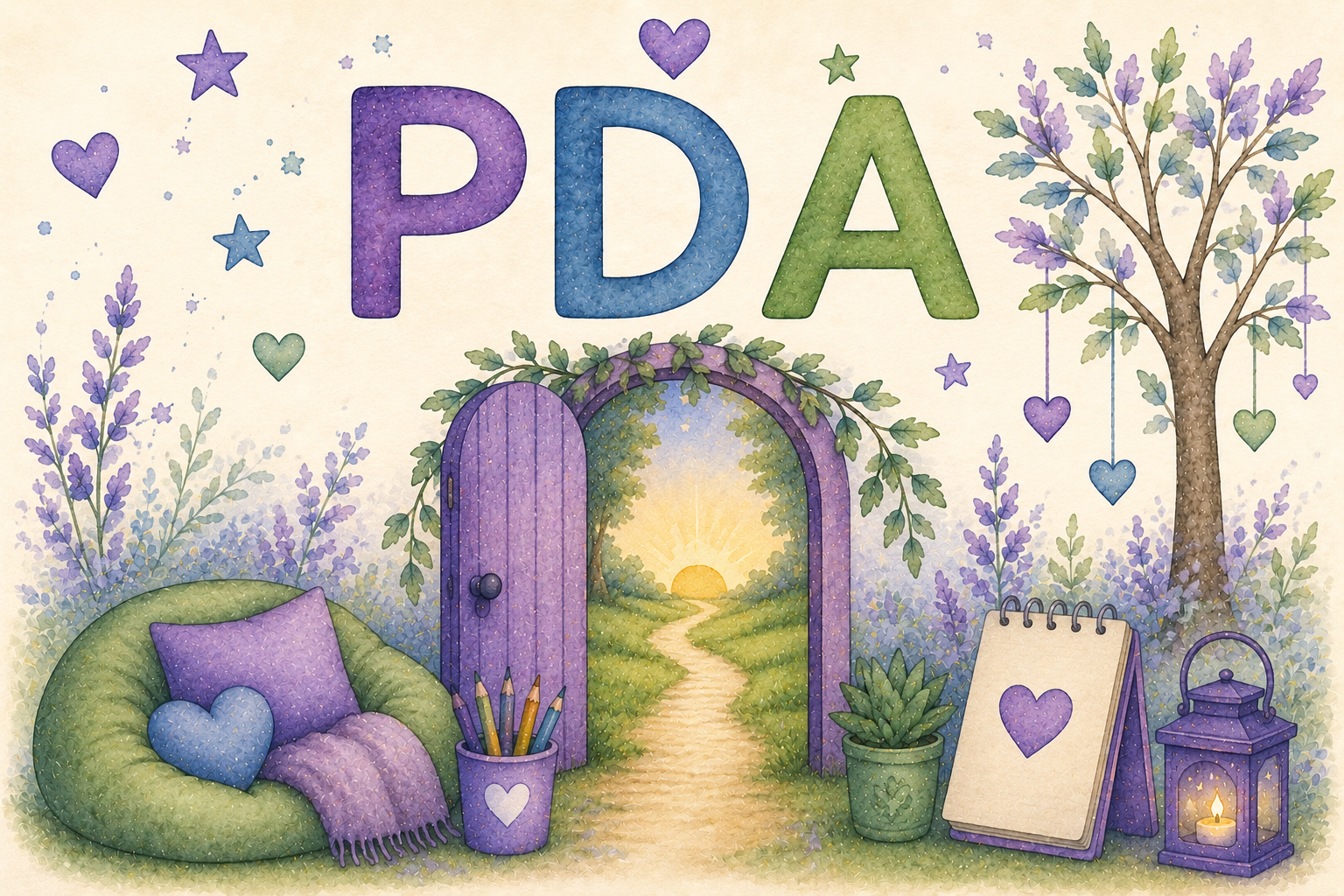 A colorful, whimsical illustration featuring the letters 'PDA' at the top, and a purple door with a glowing sunset scene inside. Surrounding the door are lavender plants, a green tree with hanging heart and star ornaments, a cozy green chair with purple pillows, a container holding colored pencils, a potted plant, a small sign with a purple heart, and a purple lantern with a lit candle.