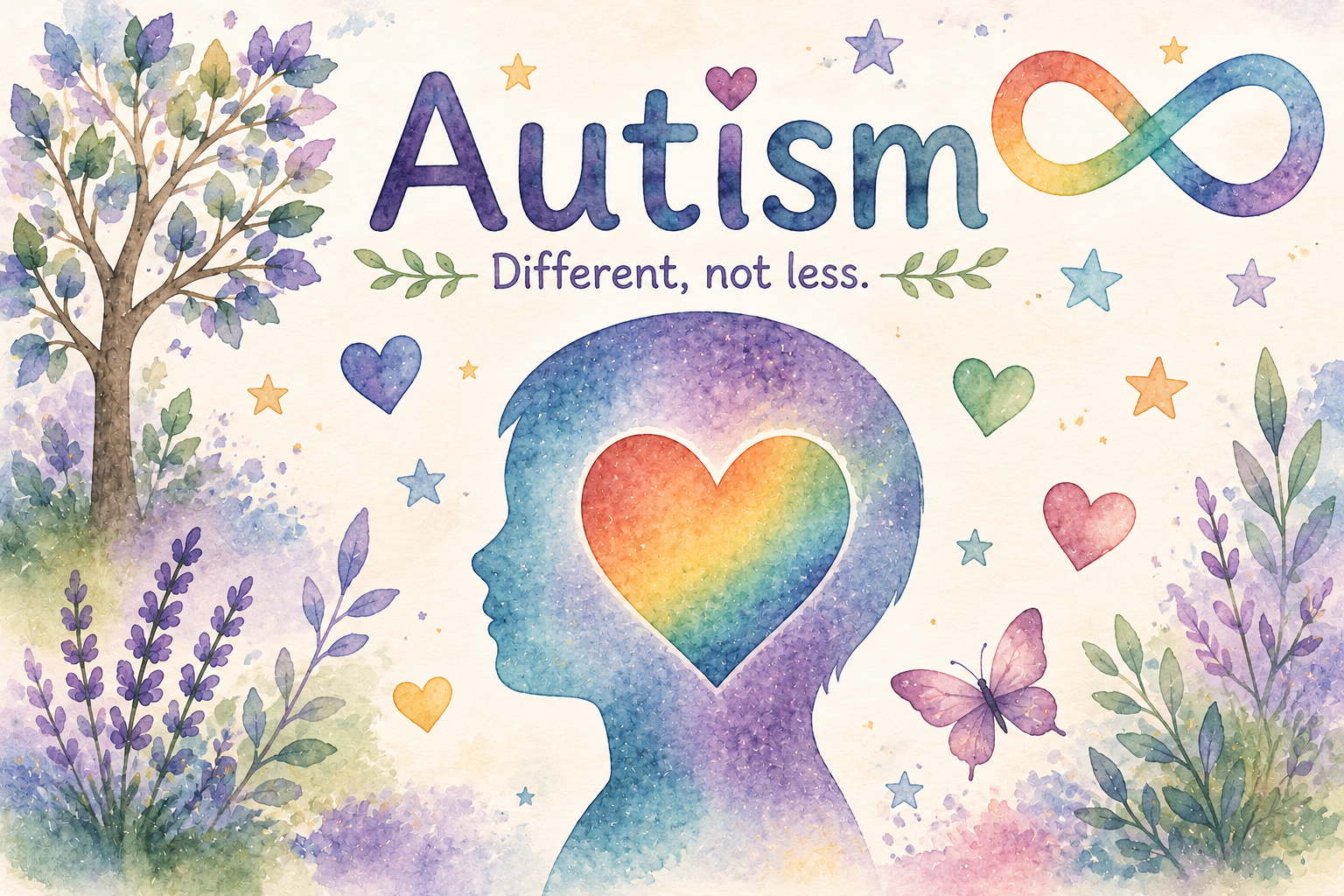 Watercolor illustration promoting autism awareness with a silhouette of a child’s profile and a rainbow-colored heart inside, surrounded by trees, flowers, hearts, stars, butterflies, and the infinity symbol, with the text "Autism. Different, not less."