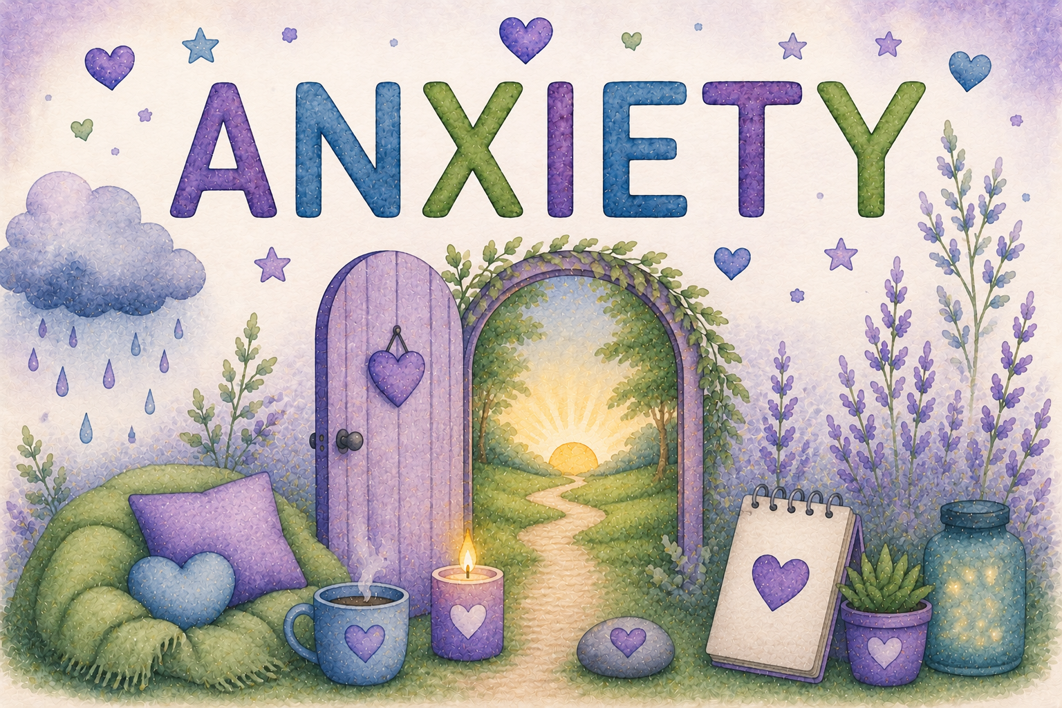 A cozy scene with the word 'Anxiety' at the top, a purple door with a heart in the center, a pathway leading to a sunset, and various calming objects including a cup, candle, notebook, and potted plant.