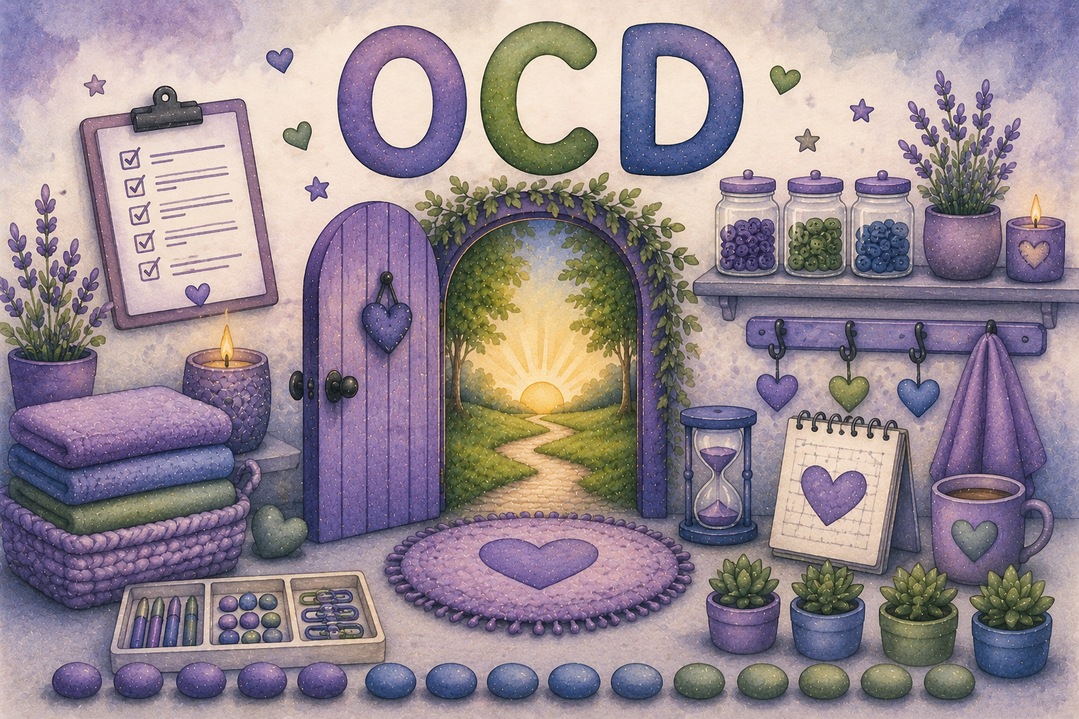 Decorative room with the word 'OCD' displayed at the top, painted in purple and green hues. The room contains shelves with jars of purple and green items, potted lavender plants, a lit candle, a purple door with a heart-shaped ornament, and various accessories including a basket of folded blankets, a checklist on a clipboard, a heart-shaped rug, a calendar with a heart, an hourglass, potted succulents, and a coffee mug, all designed with a soft, pastel color palette.