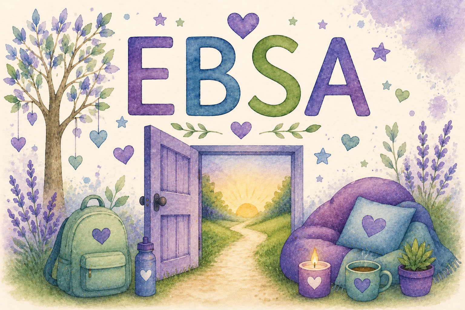 Colorful watercolor illustration with the acronym EBSA and a whimsical outdoor scene including a tree with purple and green leaves, hearts and stars, a purple door opening to a sunset over a path, a green backpack with a purple heart, a water bottle, a purple and blue blanket with a pillow, a lit candle, a steaming mug, and a potted plant, all decorated with purple and green hearts and stars.