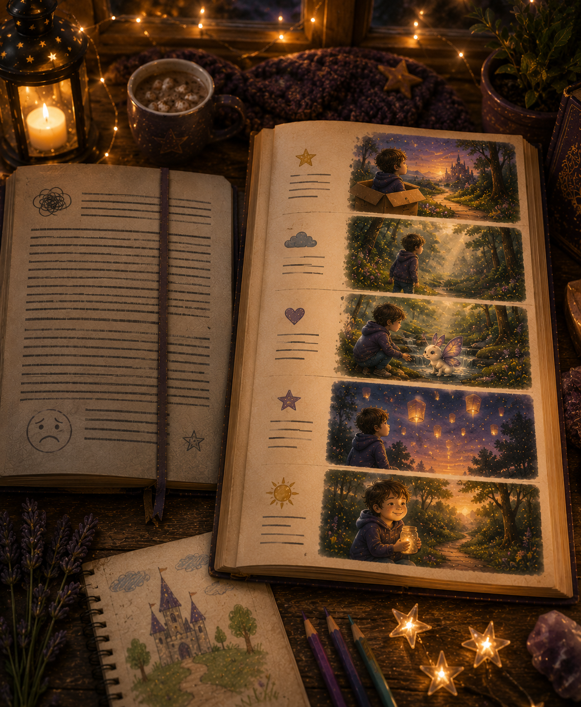 Open scrapbook showing colorful illustrations of a child exploring a fantasy world with castles, forests, and a glowing lantern festival, surrounded by fairy lights, candles, a cup of hot chocolate, lavender, and decorated with star and moon ornaments.