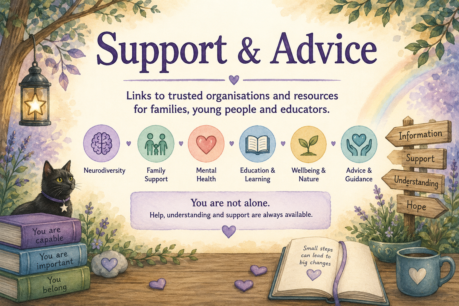 Illustrated support and advice resource poster featuring a black cat with a purple collar and a star pendant, books labeled "You are capable," "important," and "You belong," and a wooden signpost with arrows pointing to Information, Support, Understanding, and Hope. The background has trees, purple flowers, a lantern hanging from a tree branch, and a rainbow. The poster highlights topics like neurodiversity, family support, mental health, education, wellbeing, and guidance, with emphasizing message 'You are not alone.'