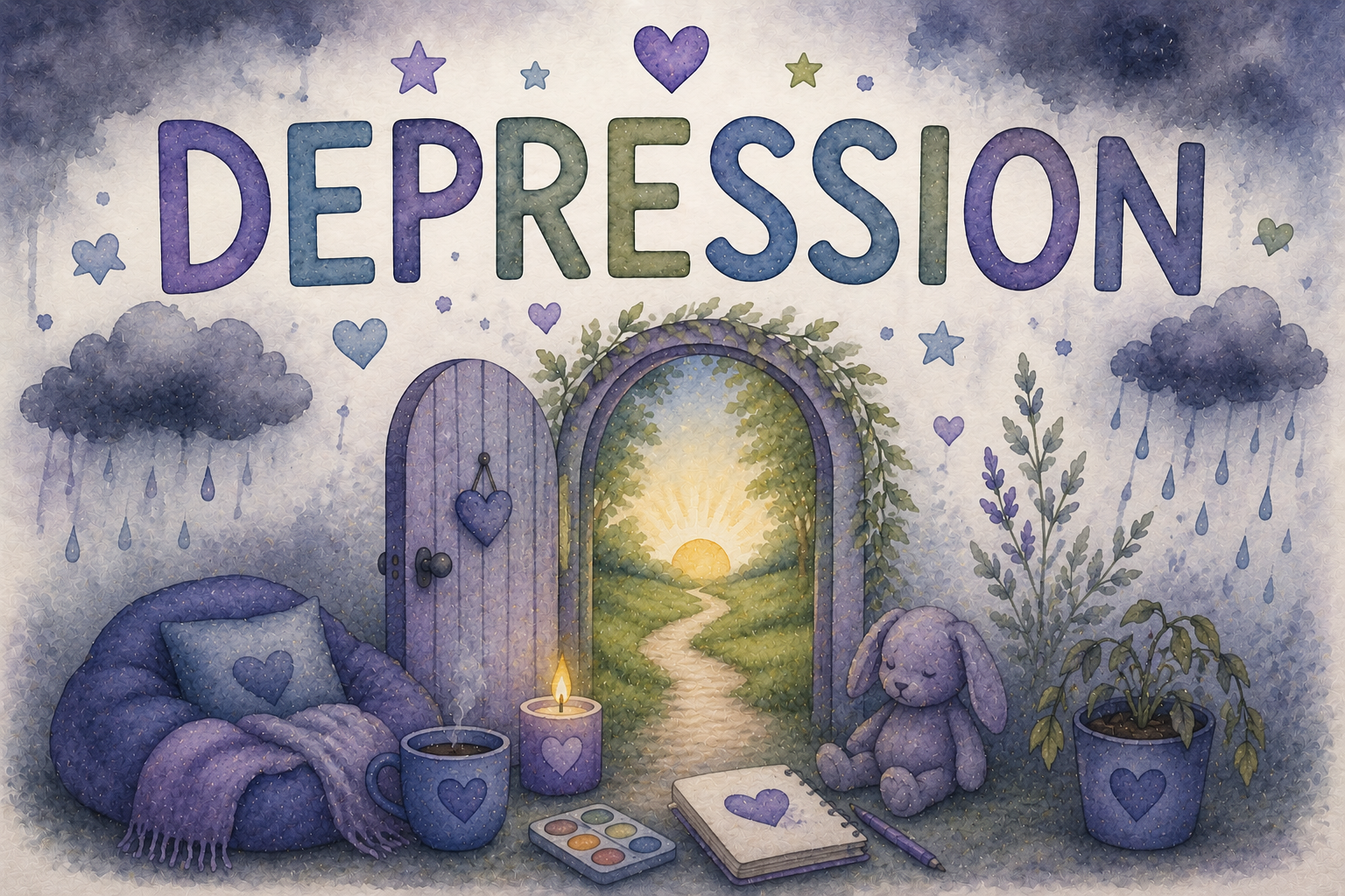 A digital painting depicting a cozy, gloomy scene symbolizing depression. It includes dark clouds with rain, a purple armchair with a heart pillow, a cup of coffee, a lit candle, watercolor paints, a notebook with a purple heart, a pen, a plush bunny toy, a potted plant with purple hearts on the leaves, and an open door showing a sunset over a peaceful landscape.