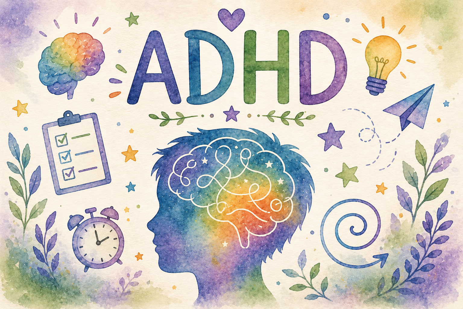 A watercolor illustration about ADHD, featuring a human head silhouette with colorful brain and mind doodles, surrounded by icons like a checklist, clock, lightbulb, paper airplane, and stars, with the text 'ADHD' at the top.