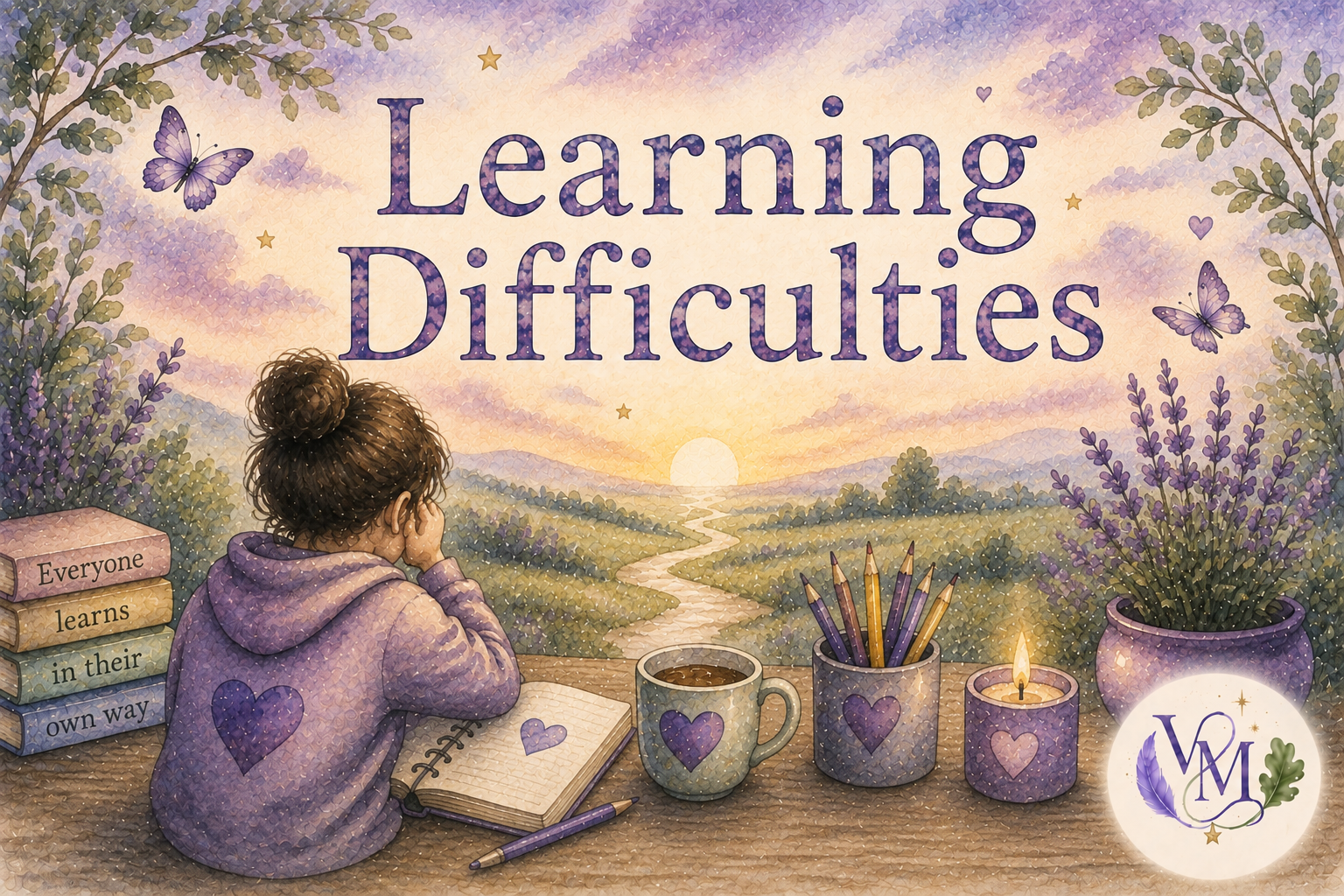 Illustration of a girl sitting at a table with a notebook, surrounded by books, a cup, pencils, a candle, and potted lavender, gazing at a scenic sunset. Text reads 'Learning Difficulties' and a logo with purple feathers and a clover.