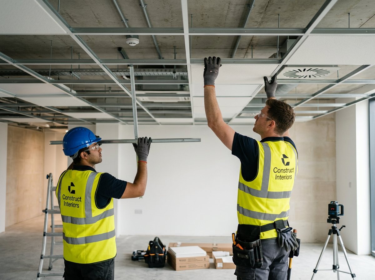 Two construction workers wearing safety vests and helmets installing ceiling panels in a room under construction.