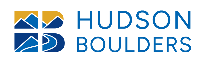 Hudson Boulders logo, with Hudson Boulders written in blue and a stylistic H and B made up of 2 square shapes and 2 half-curved shapes with mountains and a river within them