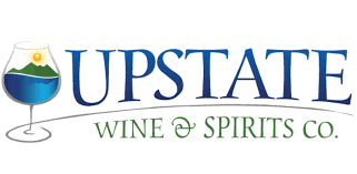 Logo for Upstate Wine and Spirits Co., featuring a wine glass with a landscape inside.