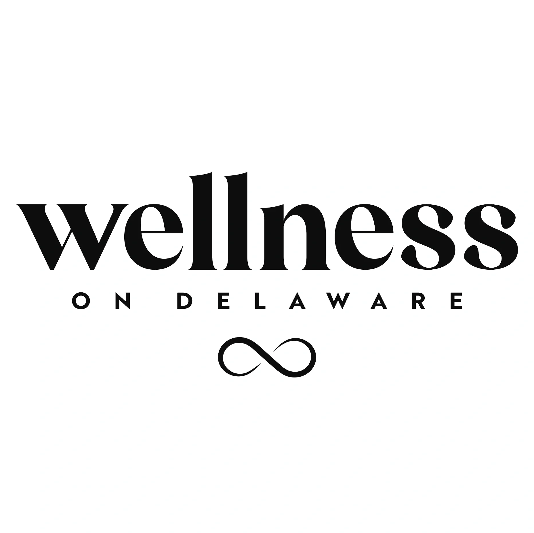 Black text reading "wellness on Delaware" with a black infinity symbol underneath, all on a white background.