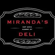 Logo for Miranda's Deli with black background, white decorative border, and red text