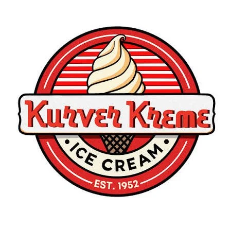 Kurver Kream Ice Cream logo, with Kurver Kream written in a red script font with a red circle with an ice cream cone behind it