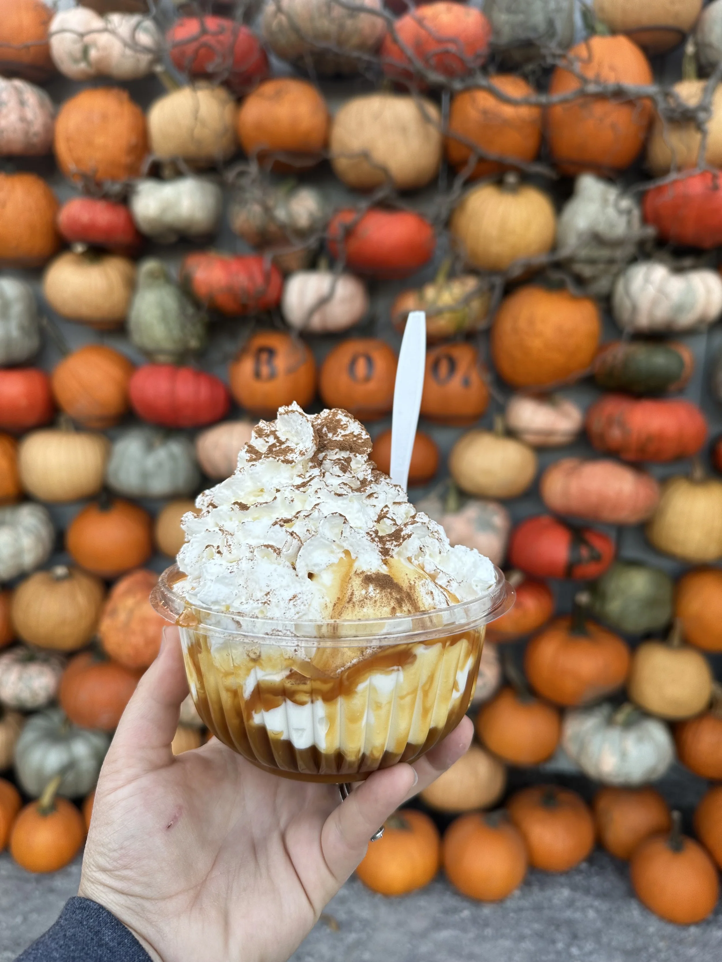 Local Guide Michella Hands holds an ice cream sundae in her hand, in front of a pile of colorful pumpkins