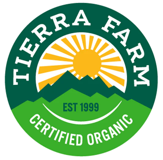 Circular logo with a sun and mountain design, text reads 'Tierra Farm EST 1999 Certified Organic'.