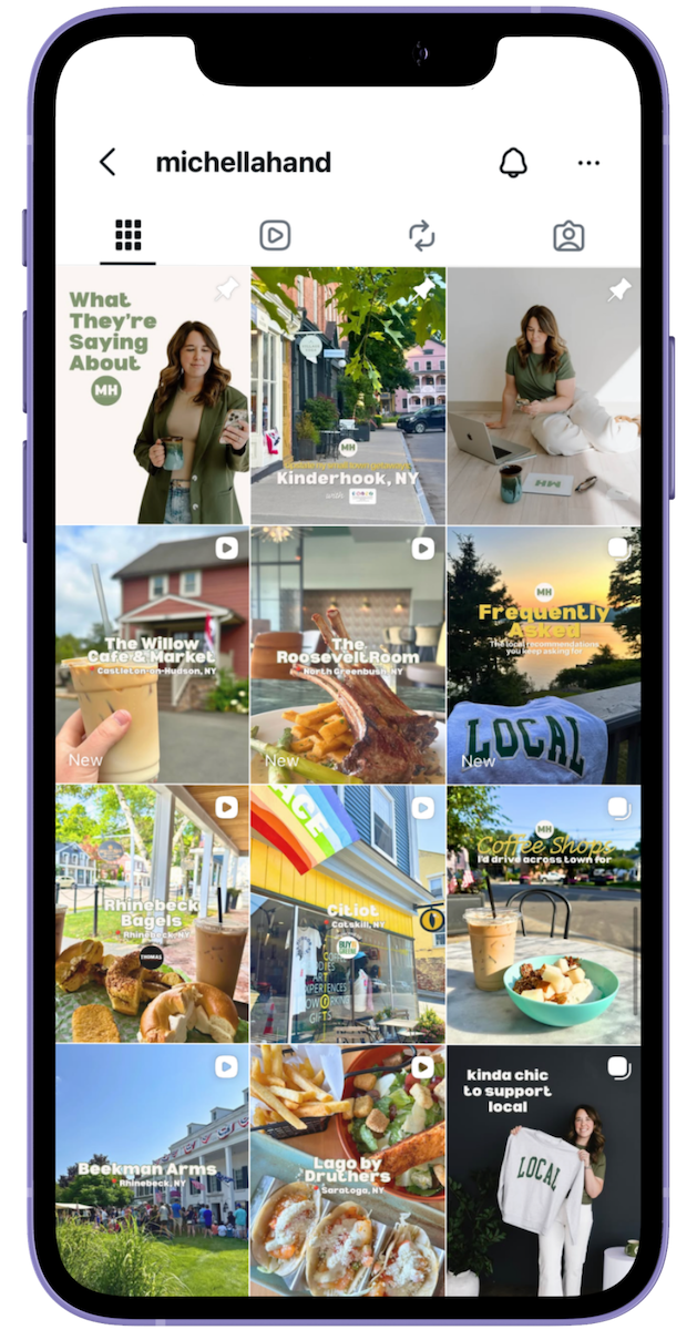 Instagram profile page showing a grid of images and videos featuring local businesses and landmarks in Rhinebeck, NY and surrounding areas, including eateries, shops, and scenic views.