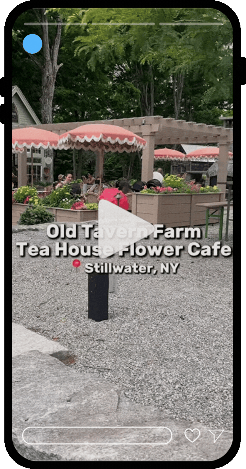 Phone mockup featuring an Instagram reel highlighting Old Tavern Farm Tea House and Flower Cafe in Stillwater NY
