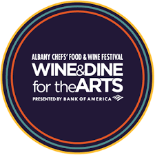 Logo for the Albany Chefs' Food & Wine Festival, titled 'Wine & Dine for the Arts,' presented by Bank of America.