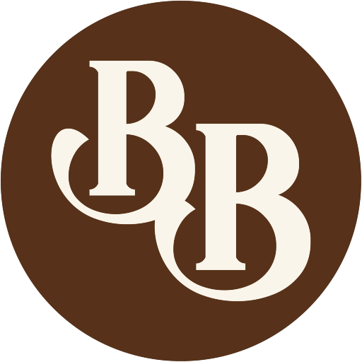 A logo features a brown circle background with two large, stylized white letter 'B's connected at the bottom, with a small white comma-like shape to the left of the linked 'B's.
