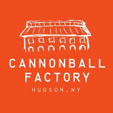 Logo for Cannonball Factory in Hudson, NY, featuring a line drawing of a building on an orange background.