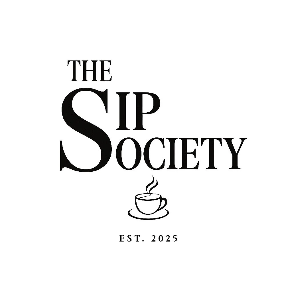 Logo for 'The Sip Society' featuring stylized text with a steaming coffee cup illustration and 'Est. 2025'