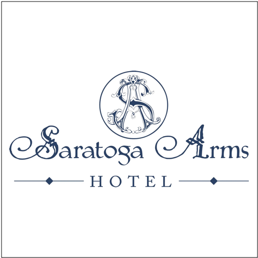 Logo for Saratoga Arms Hotel with decorative emblem and elegant script font.