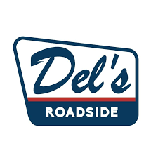 Logo of Del's Roadside with blue and white text and a red accent.