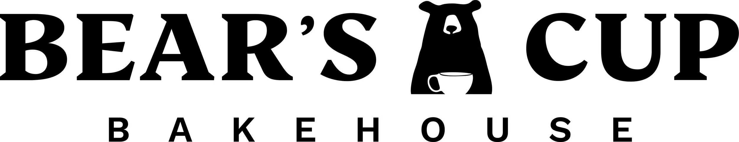 Bear's Cup Bakehouse logo written in black with a bear with a mug, on a white background