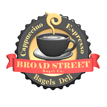 Coffee cup with steam, circular badge with tags 'Cappuccino,' 'Espresso,' 'Bagels,' 'Deli,' and 'Broad Street Bagel Co.'