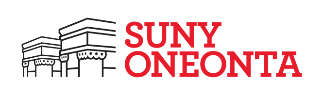 Logo of SUNY Oneonta with a black line drawing of a building and the institution's name in bold red text.