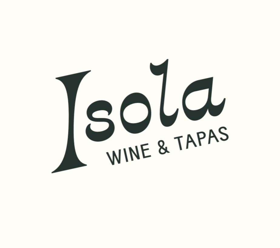 Logo for Isola Wine & Tapas with stylized text and a cream background.