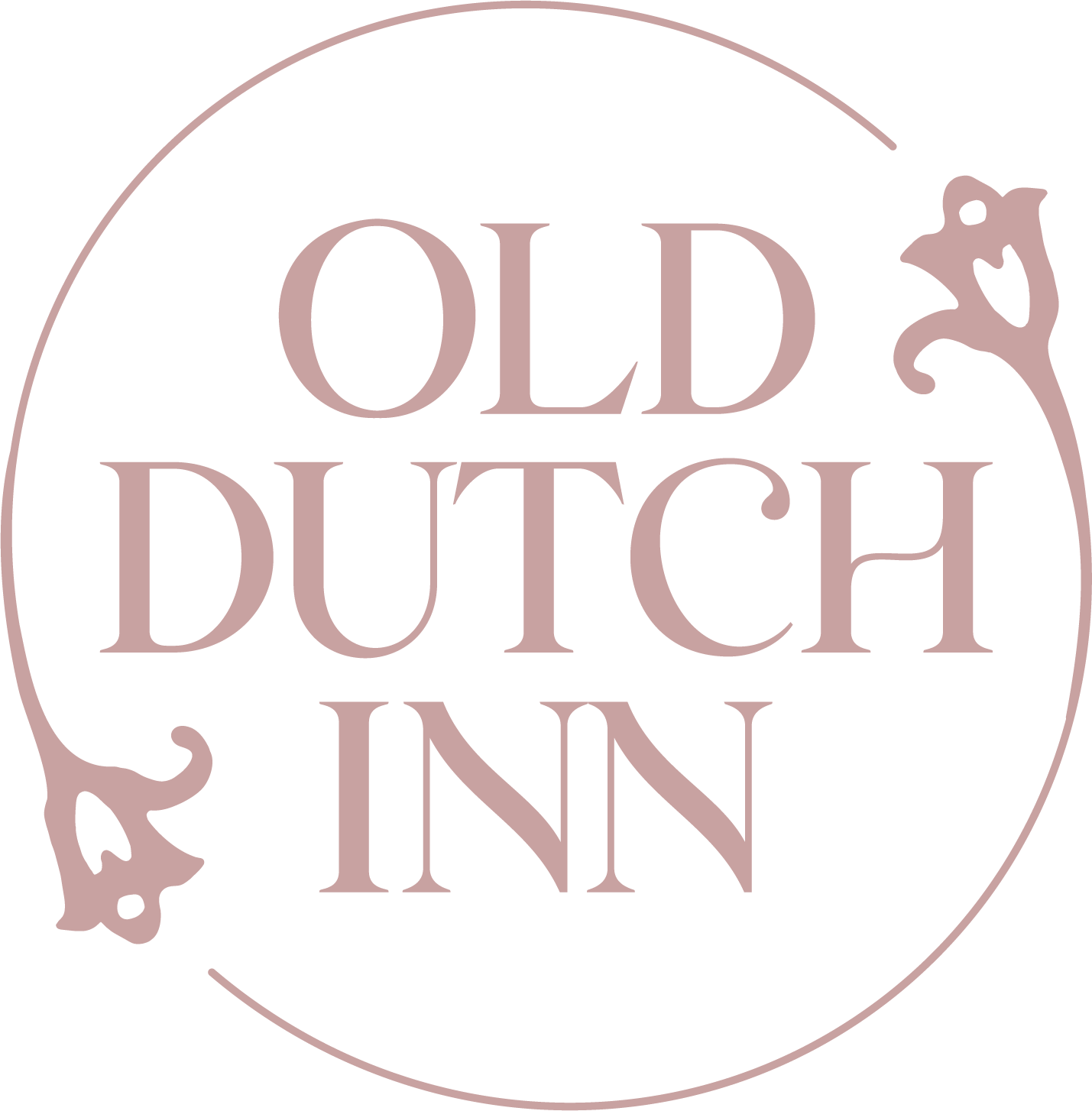 Circular logo with the words "Old Dutch Inn" written in pinkish font inside the circle. The circle has decorative floral designs on the sides.