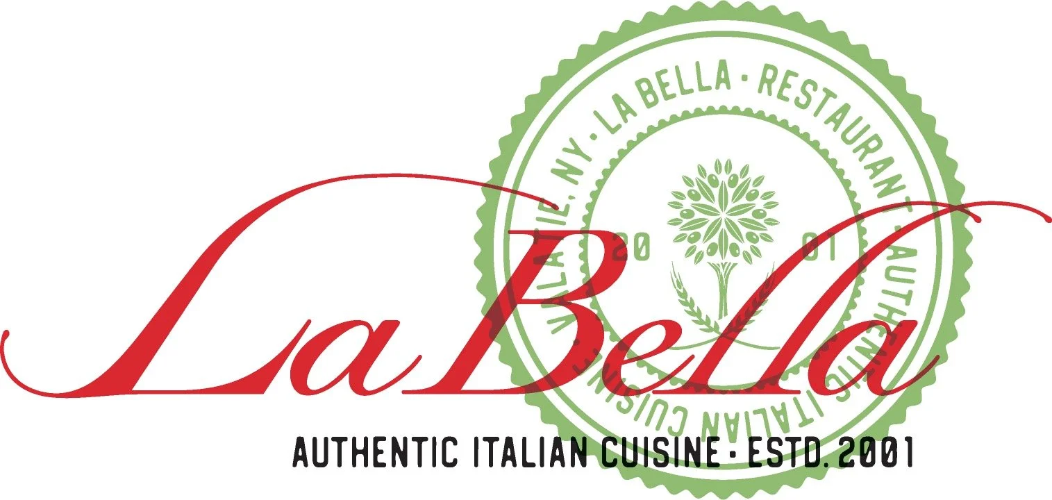 Logo for La Bella restaurant featuring a green circular seal and red stylized text reading "La Bella" with the tagline "Authentic Italian Cuisine" and the establishment year "2001."