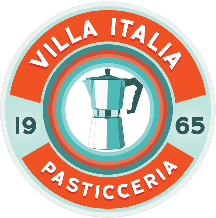 Logo for Villa Italia Pasticceria featuring a moka pot, with the text "Villa Italia Pasticceria" and the year "1965".