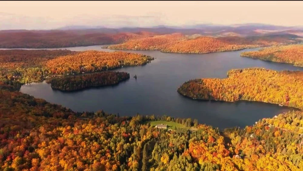 Aerial view of a lake surrounded by colorful autumn trees with orange and yellow foliage.