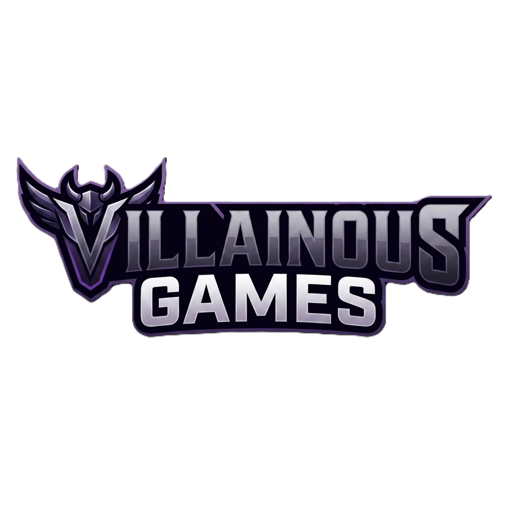 Logo for Villainous Games featuring a stylized, dark, armored emblem with dragon wings and the text 'VILLAINOUS GAMES' in metallic, purple and silver letters