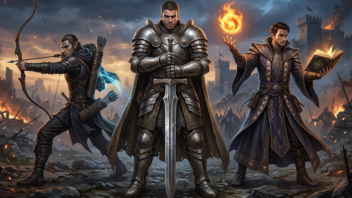 Three fantasy characters in armor and robes standing in a medieval battlefield with a castle in the background. One with a bow, another wielding a sword and a spell-caster summoning fire.