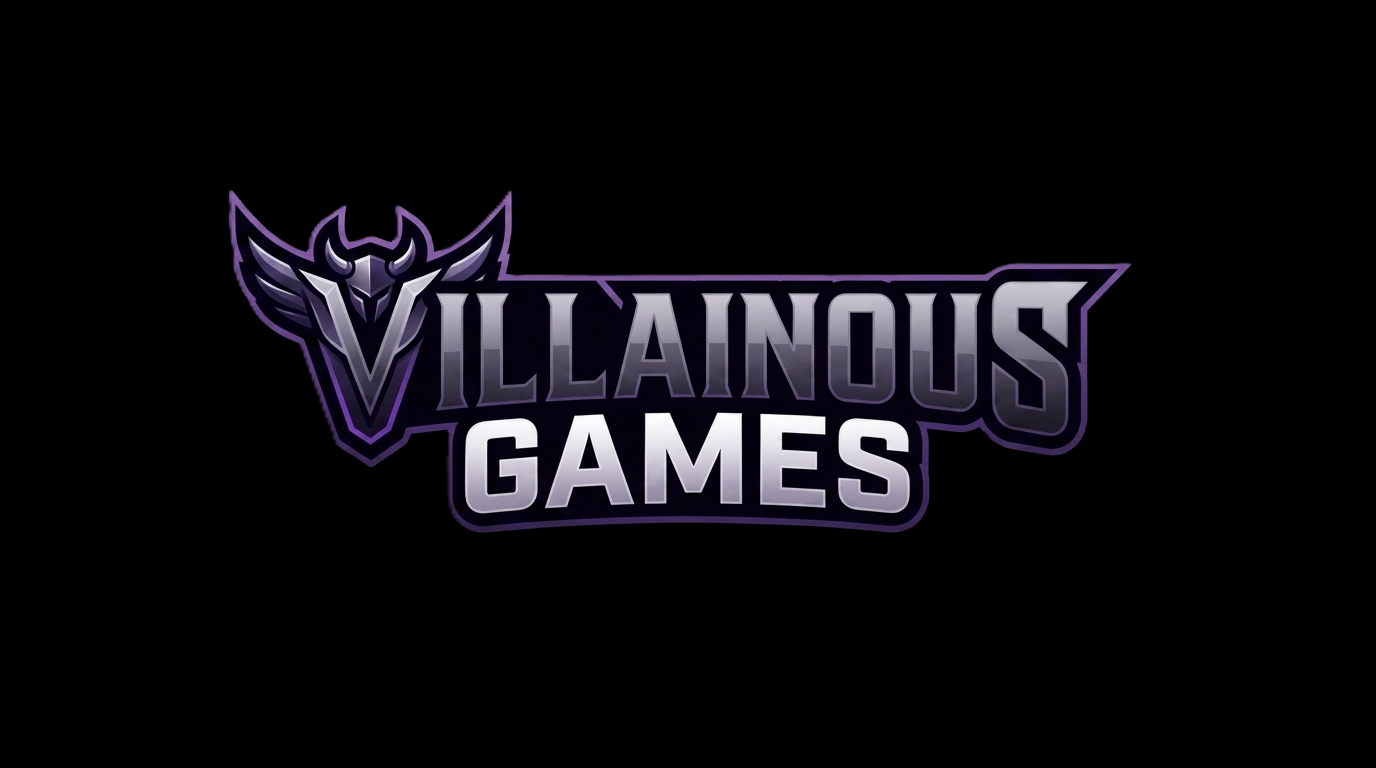 Logo of Villainous Games with a stylized purple and silver v-shaped emblem and the text 'VILLAINOUS GAMES' on a black background.