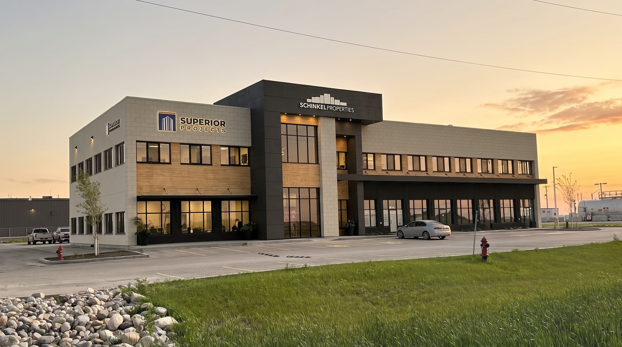Modern commercial building with signs for Superior Projects and Schinkel Properties at sunset, parking lot in front, grassy area with rocks and a fire hydrant in the foreground.