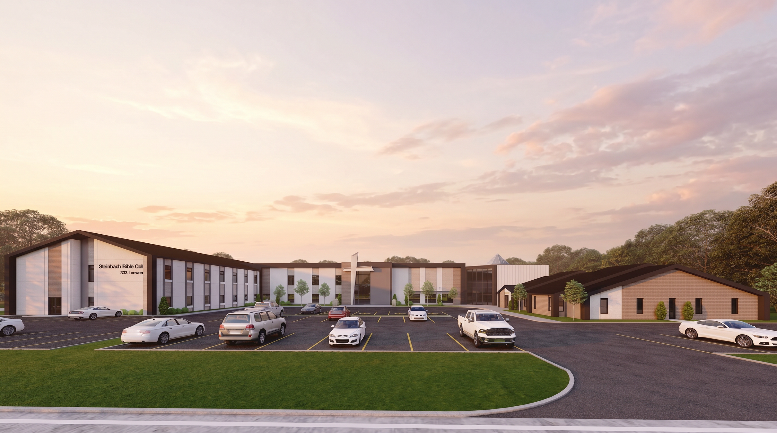 An architectural rendering of a modern church building named Steinbach Bible College, 333 Loewen Blvd, with a parking lot filled with cars and a landscaped area with trees under a partly cloudy sky during sunset.