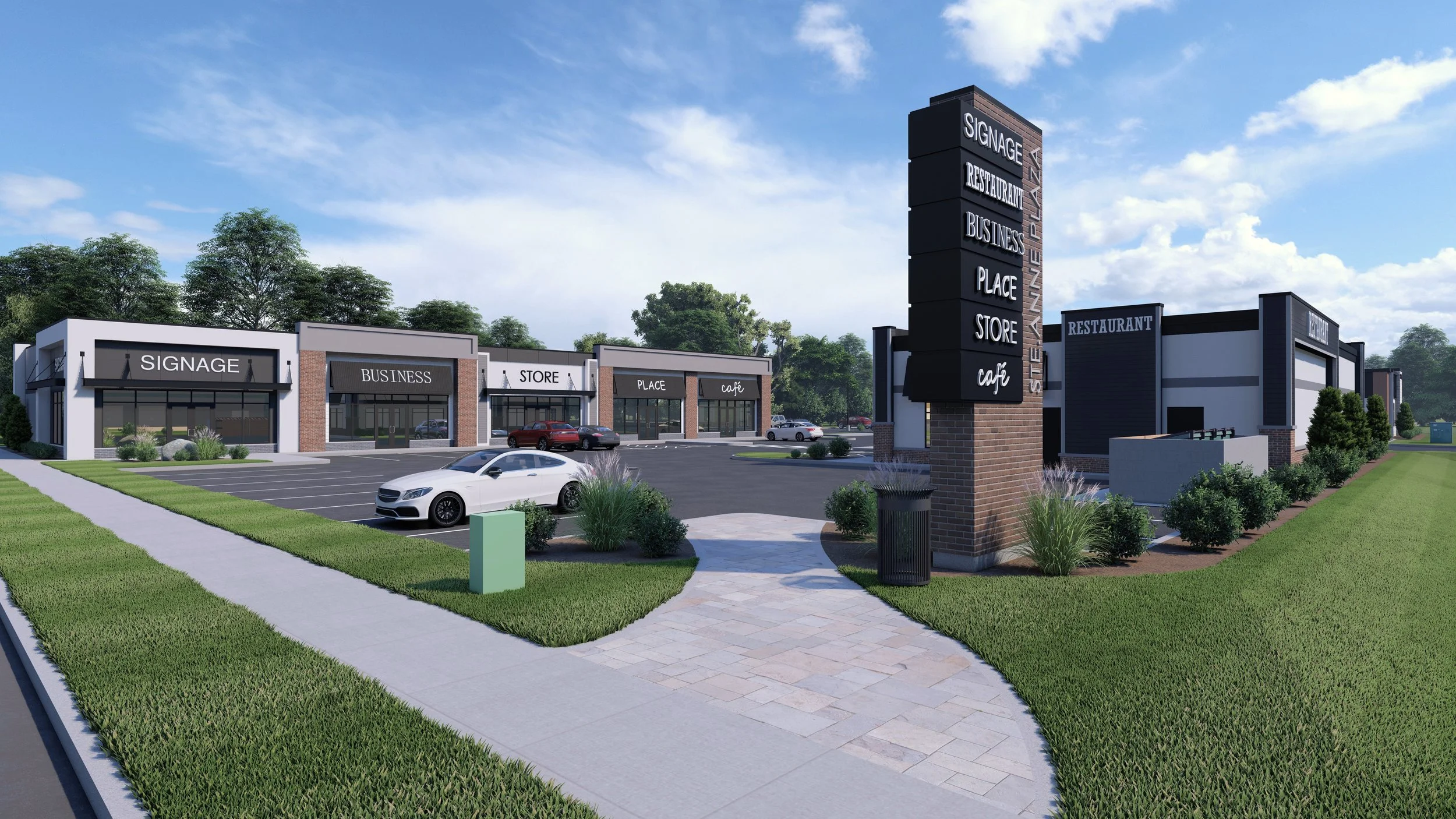 A modern commercial building with signage for various businesses including 'Signage,' 'Business,' 'Store,' 'Place,' and 'Café,' with a parking lot and cars, surrounded by green grass, trees, and a partly cloudy sky.