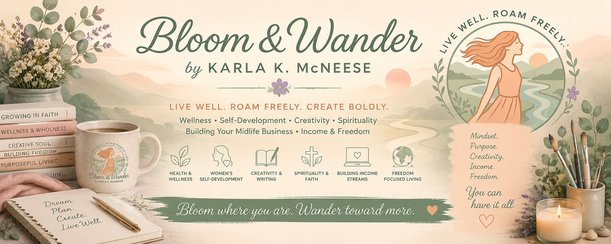 Promotional graphic for 'Bloom & Wander' by Karla K. McNeese featuring a woman walking in nature, surrounded by flowers, a cup with the logo, a notepad, paintbrushes, and a candle, with pastel-colored mountains and sky in the background.