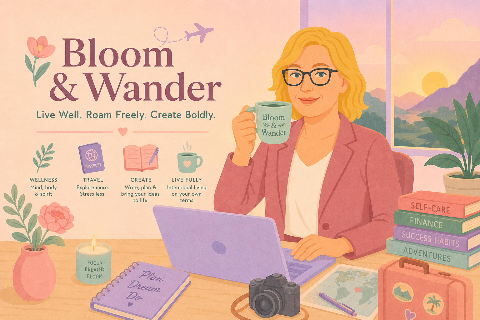 An illustrated woman with glasses sitting at a desk with a laptop, holding a mug that reads "Bloom & Wander". The background has a large window showing a sunset over mountains. The desk has an open notebook with "Plan Dream Do" written on it, a camera, and a map. There are several books labeled "Self-Care," "Finance," "Success Habits," and "Adventures," with a pink suitcase and a potted plant nearby. On the wall, there is text promoting wellness, travel, creation, and living fully, along with icons of a passport, open book, and steaming mug. A small potted plant, a candle with "Focus Breathe Bloom," and a pink flower in a vase are also on the desk.