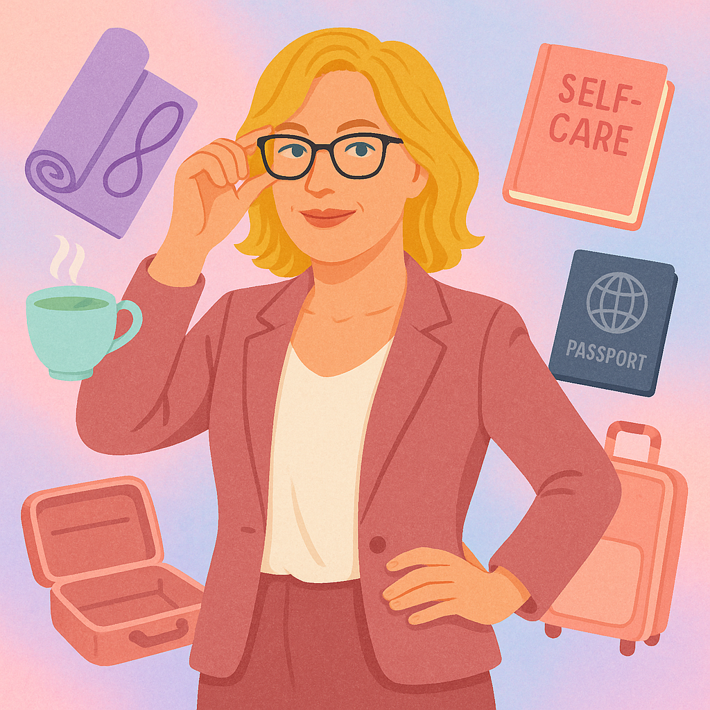 An illustrated woman with blonde hair and glasses, wearing a pink blazer and white shirt, surrounded by travel and self-care items including a coffee cup, pink suitcase, passport, self-care book, rolled-up yoga mat, and an open jewelry box.