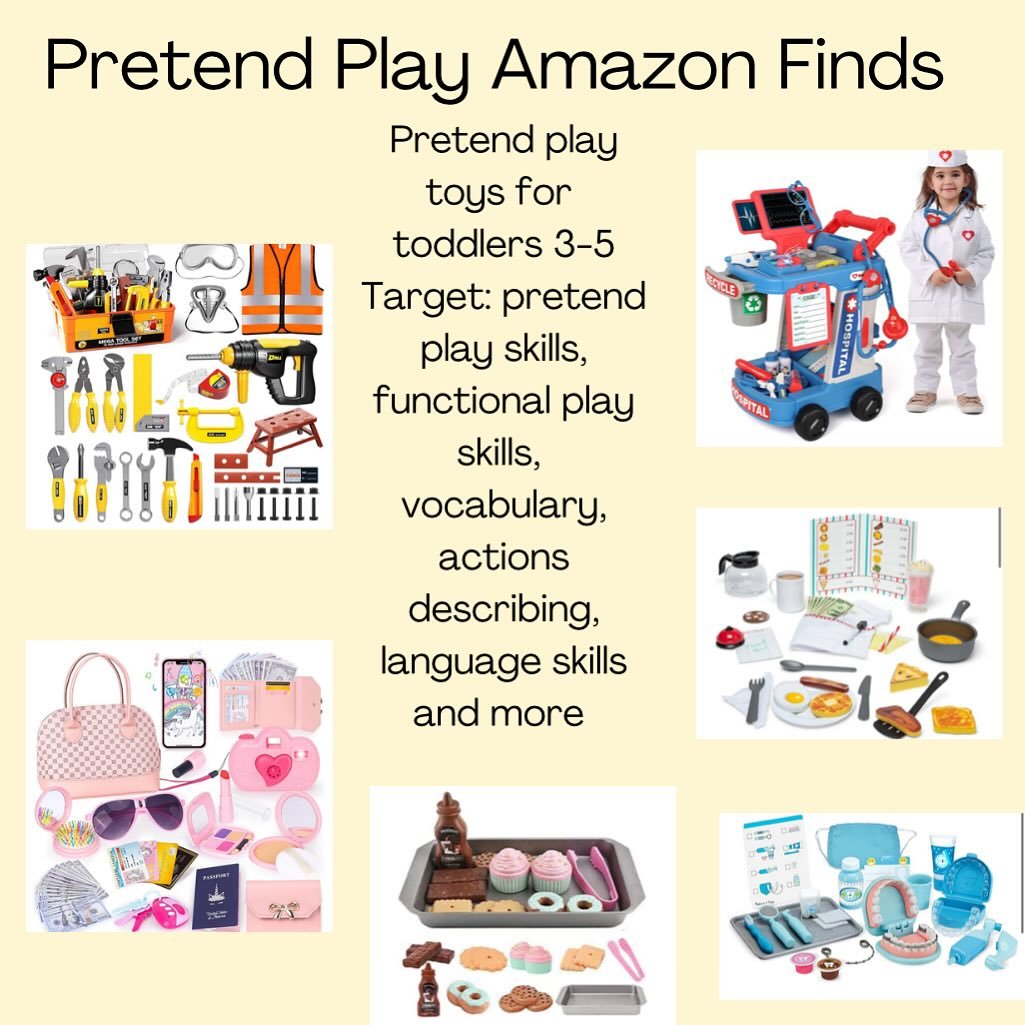 Pretend play amazon finds to target functional/pretend play skills. Create engaging therapy sessions and encourage parents to elicit carryover at home through play! 🪁  #slp #slpa #speechtherapy #parenting #autismawareness #feeding #articulation #pro